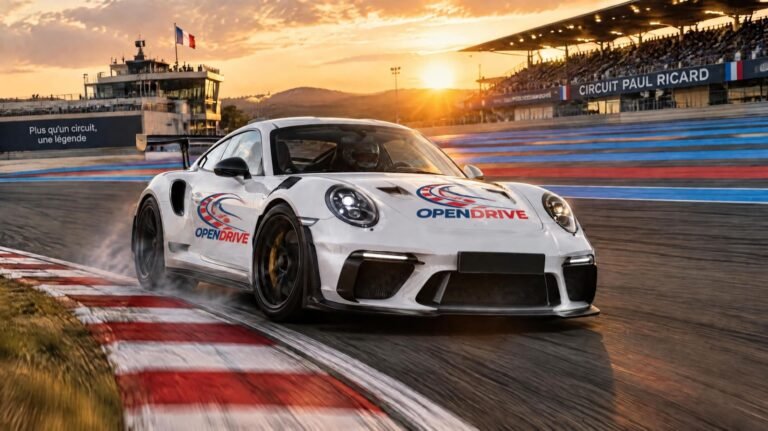Porsche 911 GT3 RS aux couleurs OpenDrive en virage sur le Circuit Paul Ricard au coucher du soleil